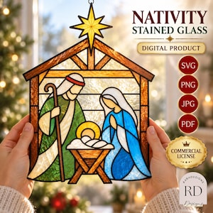 May include: A stained glass nativity scene digital product featuring a yellow star, a brown stable, and figures in green and blue robes. Text includes NATIVITY STAINED GLASS, DIGITAL PRODUCT, SVG, PNG, JPG, PDF, and COMMERCIAL LICENSE.