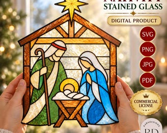 May include: A stained glass nativity scene digital product featuring a yellow star, a brown stable, and figures in green and blue robes. Text includes NATIVITY STAINED GLASS, DIGITAL PRODUCT, SVG, PNG, JPG, PDF, and COMMERCIAL LICENSE.