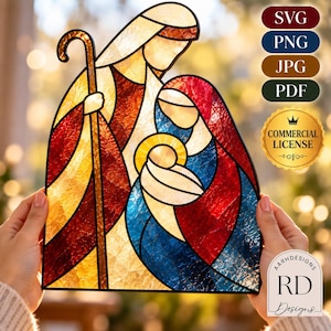 May include: A stained glass style digital illustration of a nativity scene featuring three figures in red, blue, and yellow tones. The text SVG, PNG, JPG, PDF, and COMMERCIAL LICENSE are visible alongside the logo RD Designs.