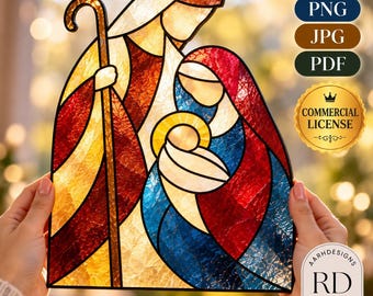 May include: A stained glass style digital illustration of a nativity scene featuring three figures in red, blue, and yellow tones. The text SVG, PNG, JPG, PDF, and COMMERCIAL LICENSE are visible alongside the logo RD Designs.