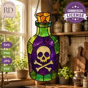 Halloween poison bottle stained glass suncatcher hanging in a bright farmhouse kitchen window, featuring a skull and crossbones in vibrant purple and green textured glass with a golden cork. Beginner-friendly digital download includes SVG, PNG, JPG, and PDF files with a commercial license, perfect for DIY stained glass projects, spooky Halloween décor, gothic kitchen decorations, witchy home accents, handmade gifts, and seasonal window art.