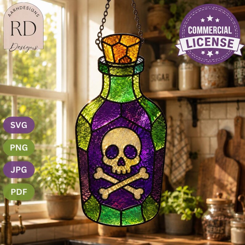 Halloween poison bottle stained glass suncatcher hanging in a bright farmhouse kitchen window, featuring a skull and crossbones in vibrant purple and green textured glass with a golden cork. Beginner-friendly digital download includes SVG, PNG, JPG, and PDF files with a commercial license, perfect for DIY stained glass projects, spooky Halloween décor, gothic kitchen decorations, witchy home accents, handmade gifts, and seasonal window art.