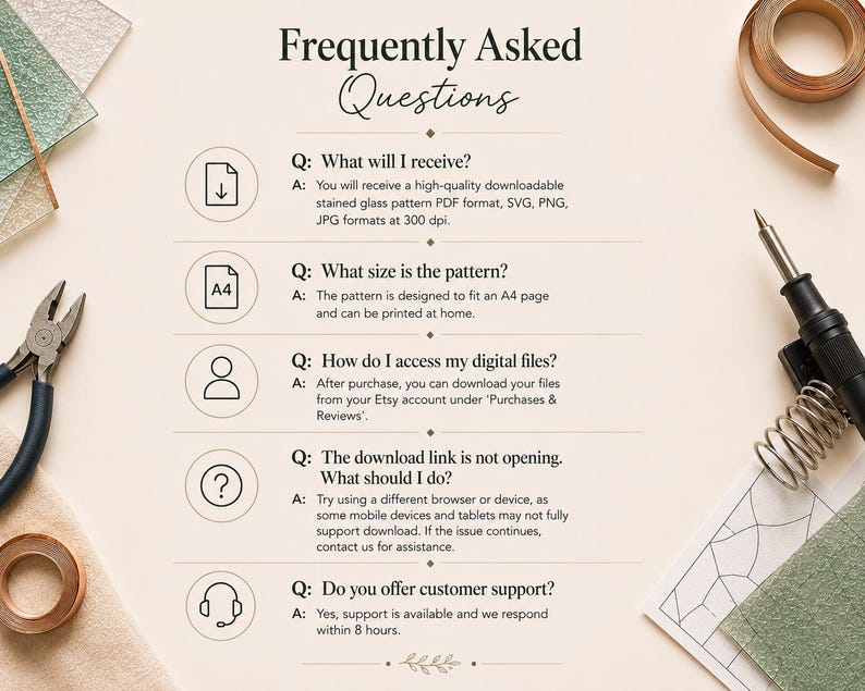 A Frequently Asked Questions graphic for a stained glass pattern listing. It details digital file formats, A4 sizing, download instructions, troubleshooting steps for links, and customer support availability, surrounded by craft tools.