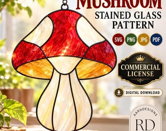 May include: A digital download of a mushroom stained glass pattern featuring red, white, and amber glass segments. The image includes text reading MUSHROOM STAINED GLASS PATTERN, SVG PNG JPG PDF, COMMERCIAL LICENSE, and AARHDESIGNS RD DESIGNS.