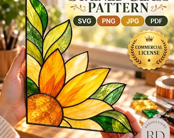 May include: A stained glass pattern featuring a sunflower design with yellow and orange petals and green leaves. The text reads STAINED GLASS PATTERN, SVG, PNG, JPG, PDF, COMMERCIAL LICENSE, and RD Designs.