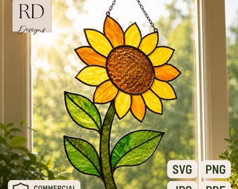May include: A stained glass sunflower suncatcher featuring yellow and orange petals, a textured amber center, and green leaves on a stem. The piece hangs from a black metal chain and includes the text RD Designs, SVG, PNG, JPG, and PDF.