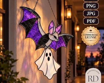May include: A stained glass hanging decoration featuring a bat with purple and black wings holding a white ghost. The text SVG, PNG, JPG, PDF, COMMERCIAL LICENSE, and AARHDESIGNS RD DESIGNS are visible on the right side of the image.