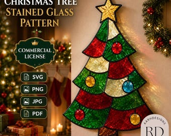 May include: A stained glass Christmas tree pattern featuring a yellow star topper, alternating red and green textured glass sections, and circular ornaments in red, yellow, and blue. The text reads Christmas Tree Stained Glass Pattern, Commercial License, SVG, PNG, JPG, PDF, and RD Designs.