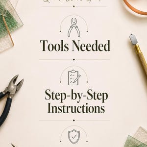 A Beginners Quick Start Guide document featuring sections for Tools Needed, Step-by-Step Instructions, and Safety Tips. The layout includes icons for pliers, a clipboard, and a shield, surrounded by glass pieces, copper foil, and a glass cutter.