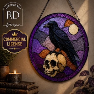 Patrón digital de vidriera de calavera y cuervo, gótico, imprimible en PDF y PNG, plantilla de arte en vidrio para principiantes, decoración de pared para el hogar.