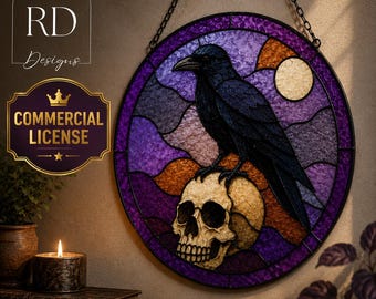 Skull and Crow Stained Glass Digital Pattern Gothic Printable PDF PNG Beginner DIY Glass Art Template Wall hanging Home Decor