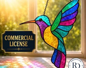 May include: A stained glass hummingbird suncatcher featuring vibrant teal, purple, yellow, and blue segments with black lead lines. Text reads SVG, PNG, JPG, PDF, COMMERCIAL LICENSE, and AARHDESIGNS RD DESIGNS.