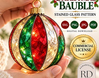May include: A spherical Christmas bauble featuring a stained glass pattern with alternating red, green, and clear textured panels. The ornament has a gold-colored cap and a gold hanging loop. Text includes CHRISTMAS BAUBLE, STAINED GLASS PATTERN, SVG, PNG, JPG, PDF, DIGITAL DOWNLOAD, COMMERCIAL LICENSE, and AARHDESIGNS RD DESIGNS.