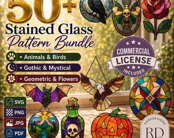 May include: A digital collection of 50 stained glass patterns featuring designs of a raven, bee, rose, bat, eagle, mountain landscape, potion bottle with skull, and pumpkin. The bundle includes SVG, PNG, JPG, and PDF files with a commercial license.