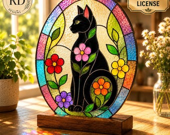 Diseño de vidriera floral con gato negro, atrapasol imprimible en PDF, hecho a mano, regalo ideal para principiantes, decoración del hogar, arte de pared, descarga instantánea.