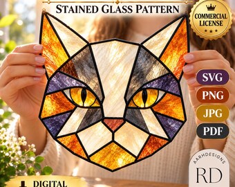 May include: A geometric cat stained glass pattern featuring orange, white, and purple glass segments with yellow eyes. The text reads Geometric Cat Stained Glass Pattern, Commercial License, SVG, PNG, JPG, PDF, Digital Download, and RD Designs.