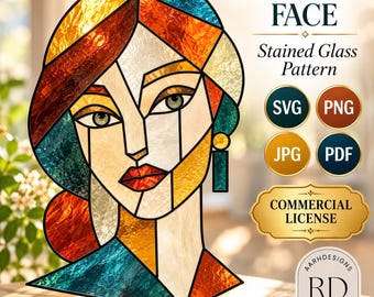 May include: A stained glass pattern titled GEOMETRIC FACE featuring a stylized portrait with segments of amber, teal, and white glass. The design includes text for SVG, PNG, JPG, PDF, and COMMERCIAL LICENSE, plus an AARHDESIGNS RD DESIGNS logo.