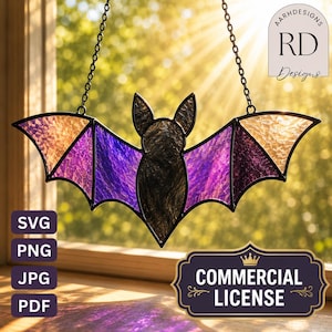May include: A stained glass bat suncatcher featuring a black body, purple inner wings, and amber outer wings, suspended by two black metal chains. The design includes text labels for SVG, PNG, JPG, PDF, and a Commercial License badge.