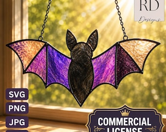 May include: A stained glass bat suncatcher featuring a black body, purple wings, and amber wing tips, suspended by a black metal chain. The design includes the text RD Designs in the corner and a Commercial License badge at the bottom.