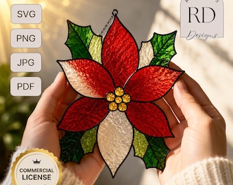 May include: A stained glass poinsettia ornament featuring red, white, and green textured glass petals with a central cluster of six yellow glass beads. The design includes black metal outlines and a hanging chain, presented as a digital file.