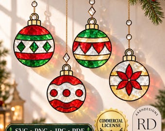 May include: Four stained glass Christmas ornaments hanging from gold chains. The ornaments feature red, green, and white geometric patterns including diamonds, triangles, waves, and a flower design. A gold seal reads Commercial License and RD Designs.