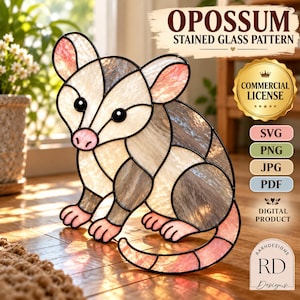 May include: A digital stained glass pattern of an opossum featuring white, grey, and pink glass segments with black lead lines. The text reads OPOSSUM STAINED GLASS PATTERN, COMMERCIAL LICENSE, SVG, PNG, JPG, PDF, DIGITAL PRODUCT, and AARHDESIGNS RD DESIGNS.