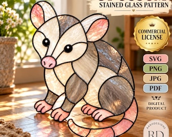 May include: A digital stained glass pattern of an opossum featuring white, grey, and pink glass segments with black lead lines. The text reads OPOSSUM STAINED GLASS PATTERN, COMMERCIAL LICENSE, SVG, PNG, JPG, PDF, DIGITAL PRODUCT, and AARHDESIGNS RD DESIGNS.