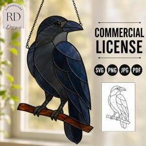 Crow Stained Glass Pattern Raven Suncatcher Template Beginner Printable DIY Glass Art PDF Home decor Wall Art Handmade gift Digital Download
