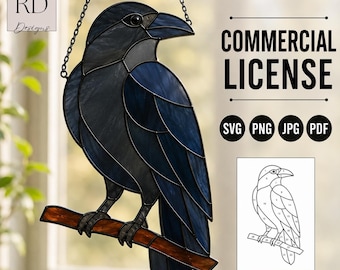 May include: A stained glass raven suncatcher in shades of dark blue and black, perched on a brown branch. The design includes a hanging chain, the text COMMERCIAL LICENSE, SVG, PNG, JPG, PDF, and a numbered line art pattern template.