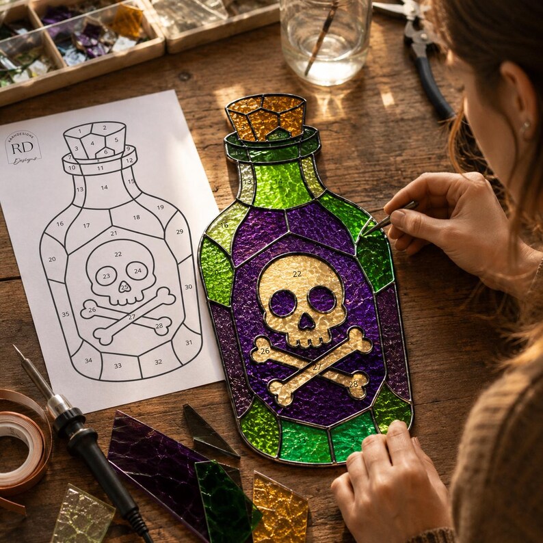 Artisan assembling a Halloween poison bottle stained glass suncatcher on a wooden workbench using a numbered printable pattern, colorful glass pieces, and stained glass tools. Beginner-friendly digital download includes SVG, PNG, JPG, and PDF files with a commercial license, perfect for DIY stained glass projects, Halloween décor, gothic crafts, witchy home decorations, and handmade gifts.
