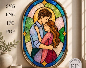 May include: An oval stained glass art piece featuring a couple embracing. The man wears a blue shirt, and the woman wears a pink dress. The background is a golden halo surrounded by blue, green, and pink glass segments. Text reads SVG, PNG, JPG, PDF.
