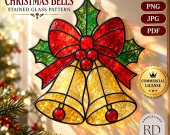 May include: A stained glass pattern of Christmas bells featuring two yellow bells, a red bow, and green holly leaves. The text reads CHRISTMAS BELLS STAINED GLASS PATTERN, SVG, PNG, JPG, PDF, COMMERCIAL LICENSE, and AARHDESIGNS RD DESIGNS.
