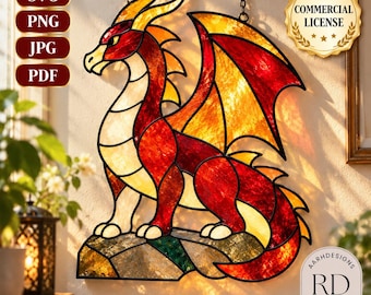 May include: A stained glass style dragon suncatcher featuring vibrant red, orange, and yellow hues with black lead lines. The dragon stands on a textured rock base. Text overlays include SVG, PNG, JPG, PDF, and a gold Commercial License badge.