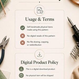 Puede incluir: Un gr&aacute;fico de pol&iacute;tica de tienda con texto que detalla los t&eacute;rminos de uso y las pol&iacute;ticas de productos digitales. Incluye iconos de documentos, descargas y advertencias, rodeado de herramientas como alicates y soldador.