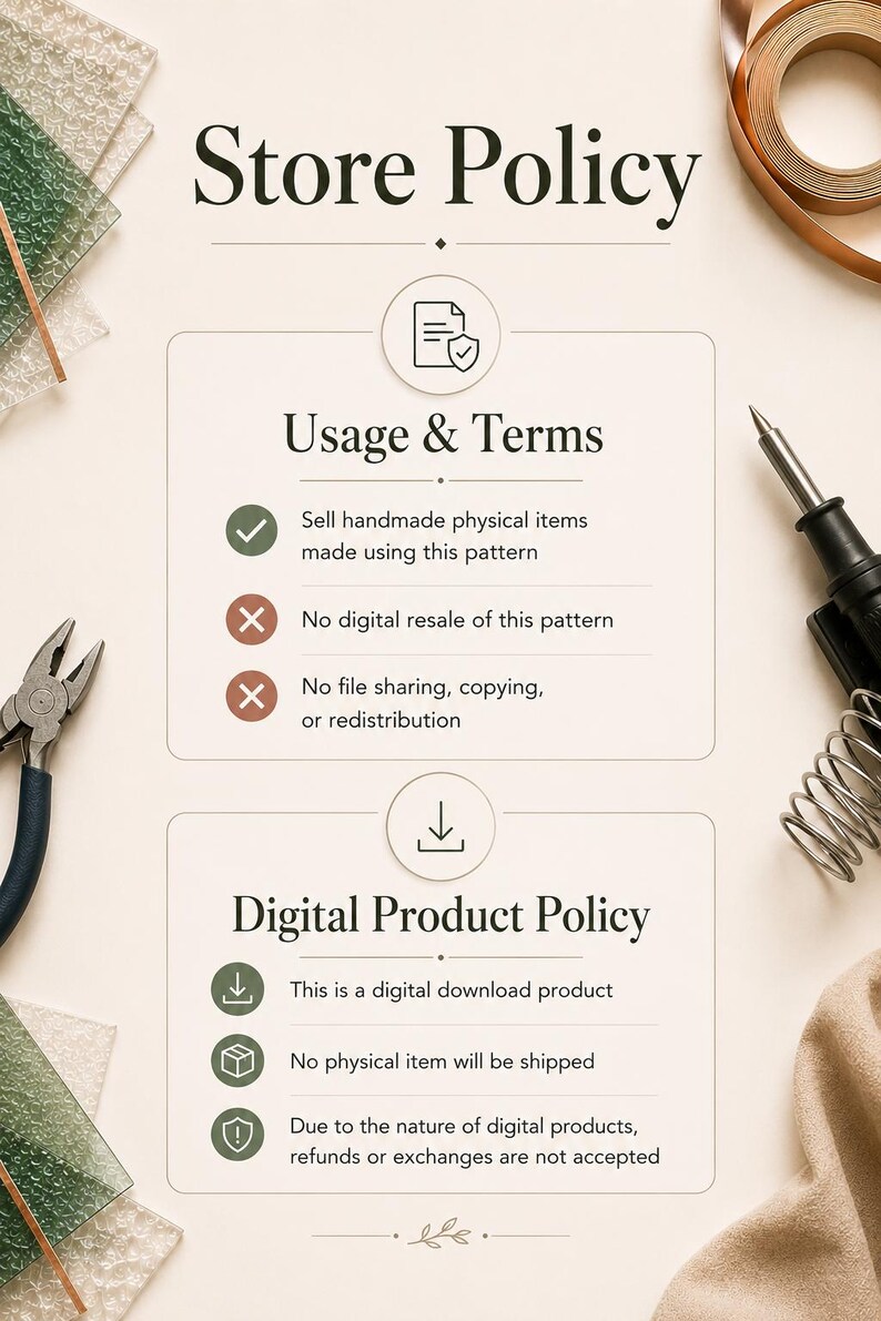 Puede incluir: Un gr&aacute;fico de pol&iacute;tica de tienda con texto que detalla los t&eacute;rminos de uso y las pol&iacute;ticas de productos digitales. Incluye iconos de documentos, descargas y advertencias, rodeado de herramientas como alicates y soldador.
