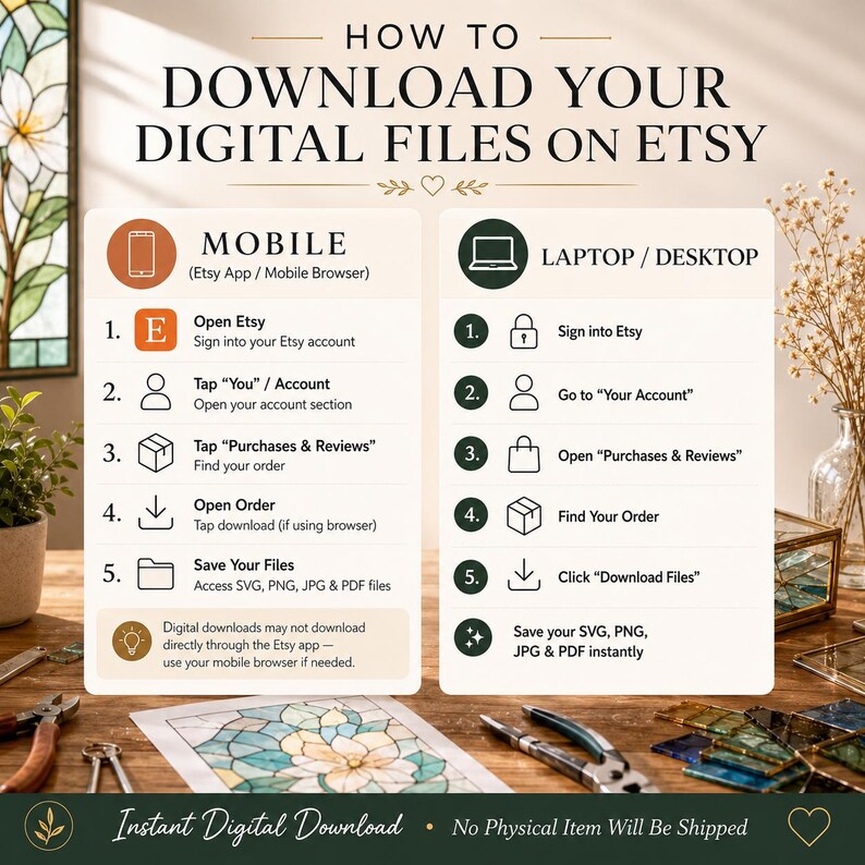 An instructional graphic titled How to Download Your Digital Files on Etsy, featuring two columns of numbered steps for mobile and laptop users, with icons for account, purchases, and downloads, plus a note about mobile browser usage.