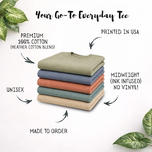 May include: A stack of six folded t-shirts in various colors: olive green, blue, coral, teal, and tan. The shirts are labeled "Your Go-To Everyday Tee" and are made of premium 100% cotton. The shirts are midweight and ink infused, and are printed in the USA.