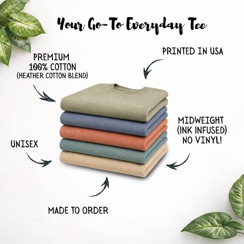 May include: A stack of six folded t-shirts in various colors: olive green, blue, coral, teal, and tan. The shirts are labeled "Your Go-To Everyday Tee" and are made of premium 100% cotton. The shirts are midweight and ink infused, and are printed in the USA.