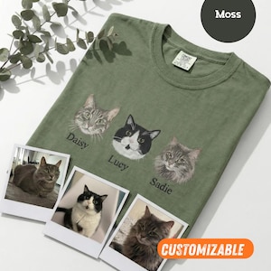 Custom Cat Portrait Shirt from Photo, Personalized Multiple Pet Tee, Cat Mom Family Gift, 2 or 3 Cats Comfort Colors Shirt