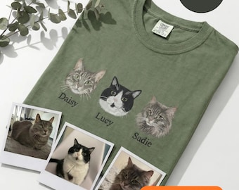 Custom Cat Portrait Shirt from Photo, Personalized Multiple Pet Tee, Cat Mom Family Gift, 2 or 3 Cats Comfort Colors Shirt
