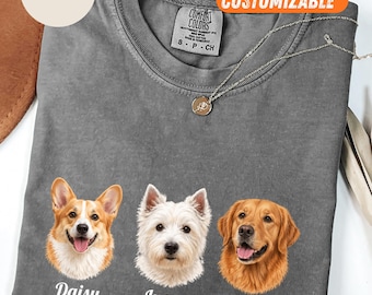 Custom Dog Portrait Shirt from Photo, Personalized Multiple Pet Tee, Dog Mom Family Gift, 2 or 3 Dogs Comfort Colors Shirt