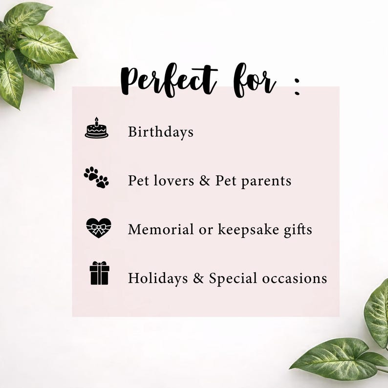 May include: A graphic with the text "Perfect for:" followed by icons and text. The icons include a cake, paw prints, a heart, and a gift box. The text lists "Birthdays", "Pet lovers & Pet parents", "Memorial or keepsake gifts", and "Holidays & Special occasions".