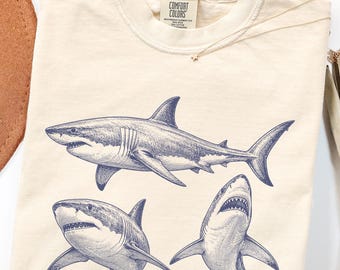 Shark 90s Vintage Tattoo Style Graphic tshirt, Retro Comfort Colors® Y2K White Shark Ocean Unisex T-Shirt, Retro Ocean Oversize Unisex Tee