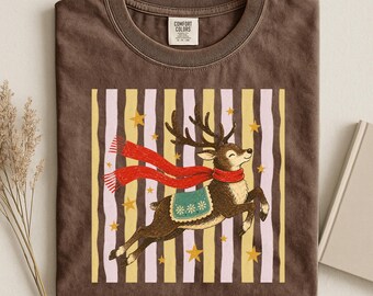 Comfort Colors® Retro Reindeer Shirt, Vintage Holiday Graphic Tee, Cute Christmas Deer Shirt, Rustic Xmas Gift, Festive Winter Top