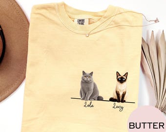Custom Cat Portrait Comfort Colors Shirt, Personalized Pet Lover Gift