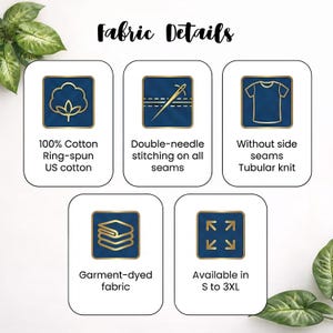 May include: An informational graphic titled "Fabric Details" with five icons. The icons describe the fabric as 100% ring-spun US cotton, double-needle stitched, without side seams, garment-dyed, and available in sizes S to 3XL. The icons are in a blue and gold color scheme.