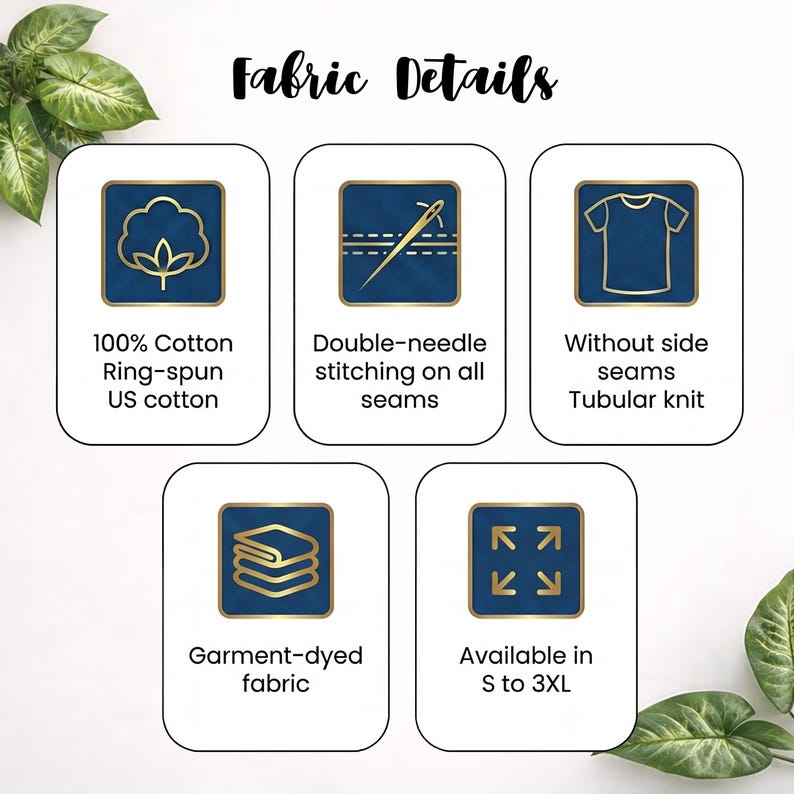 May include: An informational graphic titled "Fabric Details" with five icons. The icons describe the fabric as 100% ring-spun US cotton, double-needle stitched, without side seams, garment-dyed, and available in sizes S to 3XL. The icons are in a blue and gold color scheme.