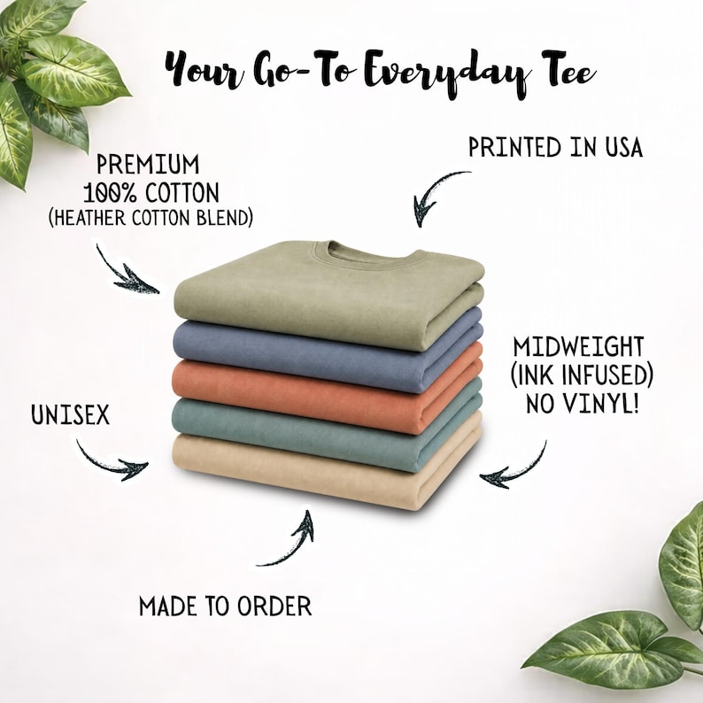 Pode incluir: Uma pilha de cinco camisetas dobradas em tons suaves de oliva, azul, terracota, verde-azulado e bege. O texto inclui Your Go-To Everyday Tee, Premium 100% Cotton, Printed in USA, Midweight Ink Infused No Vinyl, Unisex e Made to Order.