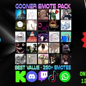 Könnte beinhalten: Werbebild für ein Gooner Emote Pack, das eine Rasterung verschiedener animierter und statischer Emotes zeigt. Der Text weist auf 168 animierte und 100 statische Emotes mit Größen von 128x128, 96x96 und 64x64 hin. Ein rotes Etikett zeigt einen Rabatt von 25 % an.