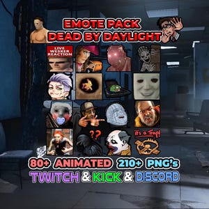 Könnte beinhalten: Werbebild für ein Dead by Daylight Emote-Paket. Das Bild zeigt verschiedene Charakter-Emotes, sowohl animiert als auch als PNG-Versionen, für Twitch, Kick und Discord. Text enthält "EMOTE PACK DEAD BY DAYLIGHT" und "80+ ANIMATED 210+ PNG'S TWITCH & KICK & DISCORD."